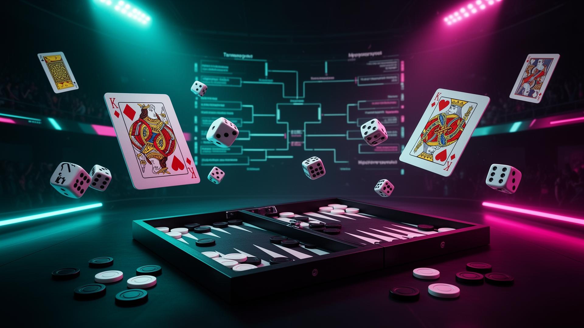 Cards, dice, and a backgammon board floating in a neon-lit competitive arena